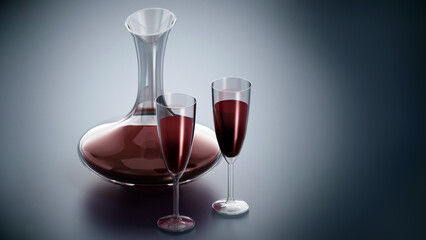 Wine decanter and glasses with red wine. 3D illustration
