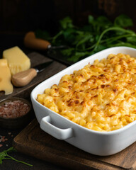 Mac and cheese, traditional american dish, selective focus