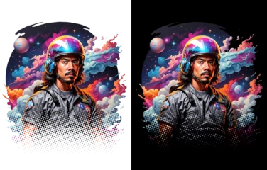 Foto op Aluminium Biker wearing a helmet and colorful clouds and planet in background. Bikers T-shirt design © CreaTvt