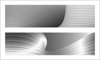Monochrome cover design, abstract background. Wavy silver parallel gradient lines, ribbons, silk. Set of 2 backgrounds. Black and white with shades of gray banner, poster. eps vector