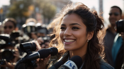 young professional politician woman being interviewed live by a tv broadcast channel with microphones and cameras on a press conference outside on the city street