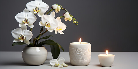 A stunning arrangement of white orchid and candle set against a clean grey backdrop with grey background
