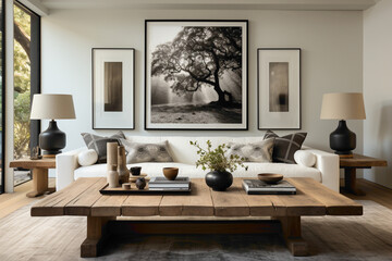 Elevate your living room design with white and dark brown sofas surrounding a wooden table. 