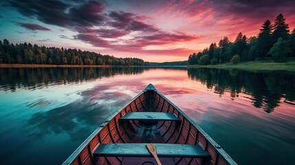Colorful sunset on the lake with wooden rowboat. Dramatic cloudscape.