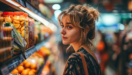 Young woman shopping in the supermarket, looking for food and choosing fruits. - obrazy, fototapety, plakaty