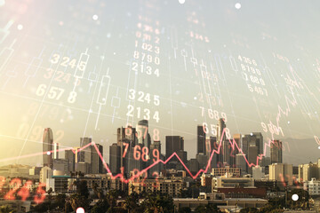 Multi exposure of creative statistics data hologram on Los Angeles skyscrapers background, stats...