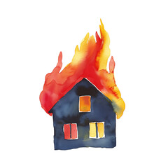 火事、燃える家、震災、被災地、地震、二次災害、水彩イラスト、手書き © keisuke