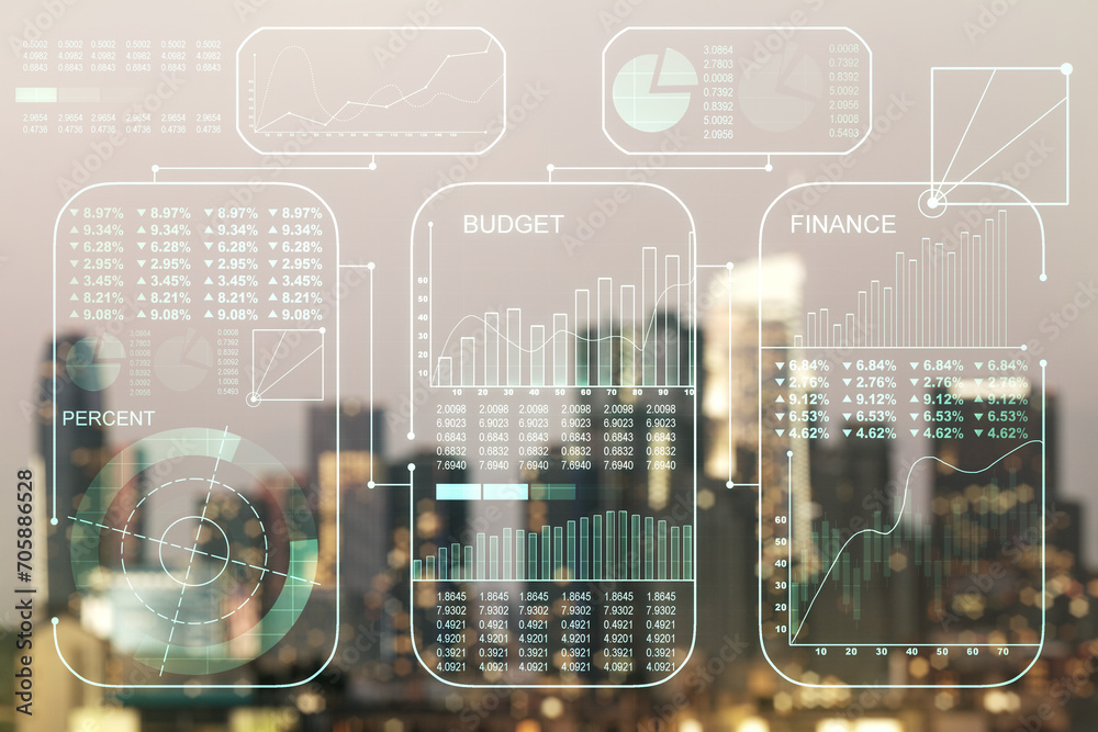 Poster Abstract virtual analytics data spreadsheet on blurry skyscrapers background, analytics and analysis concept. Multiexposure