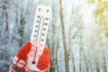 White celsius scale thermometer in hand. Ambient temperature minus 9 degrees celsius