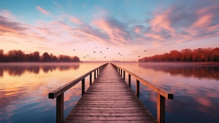 Fototapeta premium Wooden jetty on a lake at sunrise with flying birds in the sky