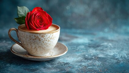 Fototapeta na wymiar Cup of cappuccino with red rose on blue background