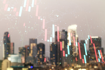Abstract virtual crisis chart illustration on blurry skyline background. Global crisis and...