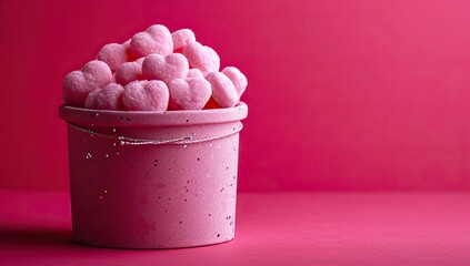 Pink heart shaped marshmallows in a pink bucket on a pink background - obrazy, fototapety, plakaty