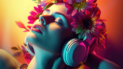 woman with flowers and headphones