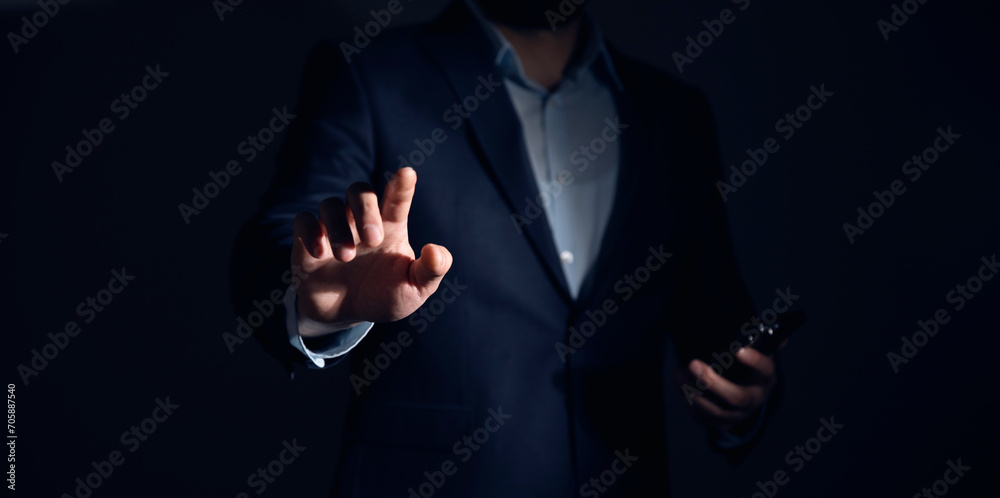 Poster Businessman hand touching virtual screen