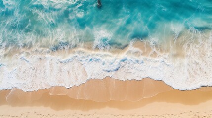 Fototapeta na wymiar Aerial view of drone, top view beach and seawater on sandy beach in summer. Nature and travel concept.