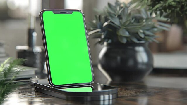 Modern Smartphones Mockup with Green Screens in blurry background