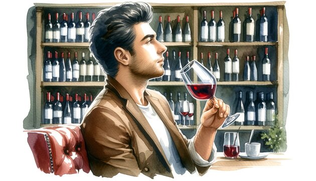 The image shows a charming man tasting wine in a cellar, with a thoughtful expression.