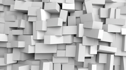 This image depicts a chaotic assembly of variously sized and oriented white 3D cubes against a light grey background, creating a dynamic and abstract geometric pattern.Background concept. AI generated