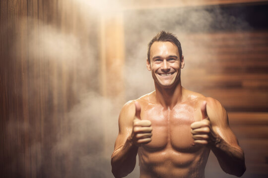 Healthy relaxation: Man in a steamy sauna for wellness.