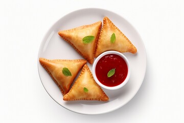 Samosas with ketchup on plate top view isolated on white background. 3d illustration samosas with sauce bowl top view