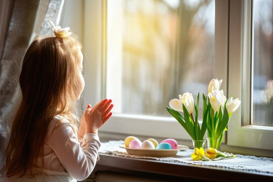 A girl of about ten years old is sitting at a table in the house for the Easter holiday