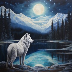 Illustration of a wolf in the mountains with a full moon.AI.