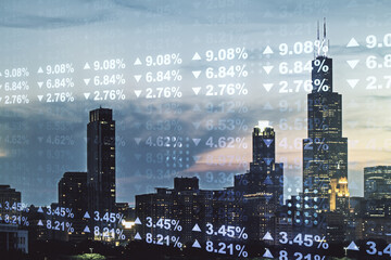 Multi exposure of stats data illustration on Chicago city skyline background, computing and...