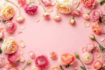 roses, peonies and ranunculuses frame on a pastel pink background, celebration - obrazy, fototapety, plakaty