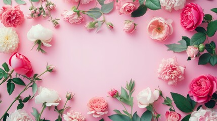 Fototapeta na wymiar roses, peonies and ranunculuses frame on a pastel pink background, celebration