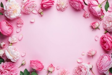 roses, peonies and ranunculuses frame on a pastel pink background, celebration