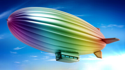Rainbow colored zeppelin in the air. 3D illustration