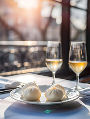 A Plate of Delicious Traditional Chinese Char Siu Bao Is Elegantly Arranged on a Premium Dining Table, Set Against the Backdrop of Edinburgh
