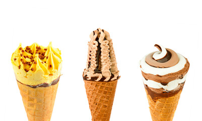 Chocolate and vanilla ice cream in waffle cones isolated on white. Wide photo. Collage. Free space for text.