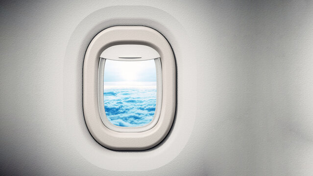 Airplane window looking through the clouds. 3D illustration