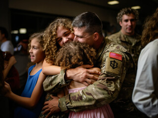 Fototapeta premium A soldier reuniting with their family hugging their lovedones