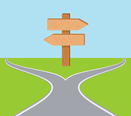 Road signboard at crossroad. Choosing between two paths. Split way and arrows sign pointing in different directions. Difficult decision concept. Vector cartoon flat illustration.