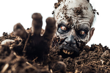 Zombie man isolated on transparent background. Bloody male zombie crawls out of the grave soil and stretches out its arms. Zombie apocalypse - obrazy, fototapety, plakaty