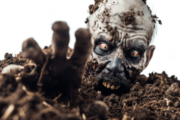 Zombie man isolated on transparent background. Bloody male zombie crawls out of the grave soil and stretches out its arms. Zombie apocalypse