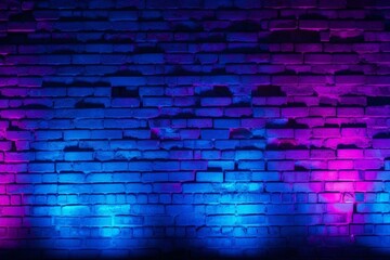 Brick wall filled with neon lights in shades of blue and purple. Generative AI