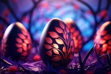 Futuristic Easter chocolate eggs with abstract floral illuminated patterns in neon pink and blue colors light with flowers. Trendy cosmic background. Festive Easter hunt concept.