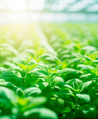 Close up of mint leaves, blurred greenhouse background with copy space