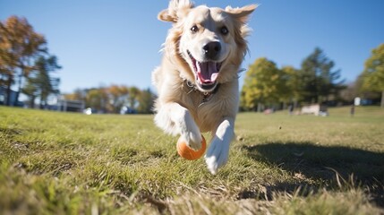 Fluffy golden retriever happily playing fetch with red ball in sunny park, owner smiling - obrazy, fototapety, plakaty