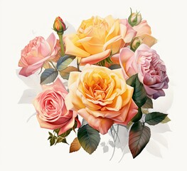 Painting of Bouquet of Roses on White Background