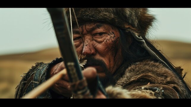 Mongol Archer's Legacy: A cinematic 32k UHD portrayal of a battle-hardened 26-year-old Mongol archer from Genghis Khan's era, illustrating the fearsome archery tactics on the vast steppes.

