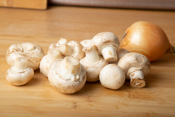 Cooking mushrooms with eggs and onions. Cooking at home. A series of photos.