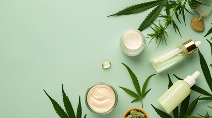Grüne Wellness: Set von Cannabis-SPA-Kosmetika auf hellem grünem Hintergrund