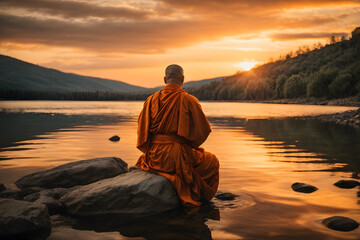 A photo of a monk in orange robes sitting on a rock in a lake at sunset, with the sky and the water reflecting the warm colors. - Powered by Adobe