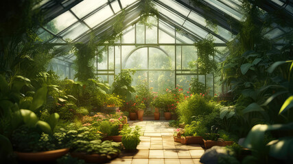 A garden center greenhouse with green potted plants and flowers.Generative AI