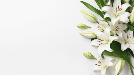 Obraz na płótnie Canvas flowers white pastel lilies composition on a white background copy space template
